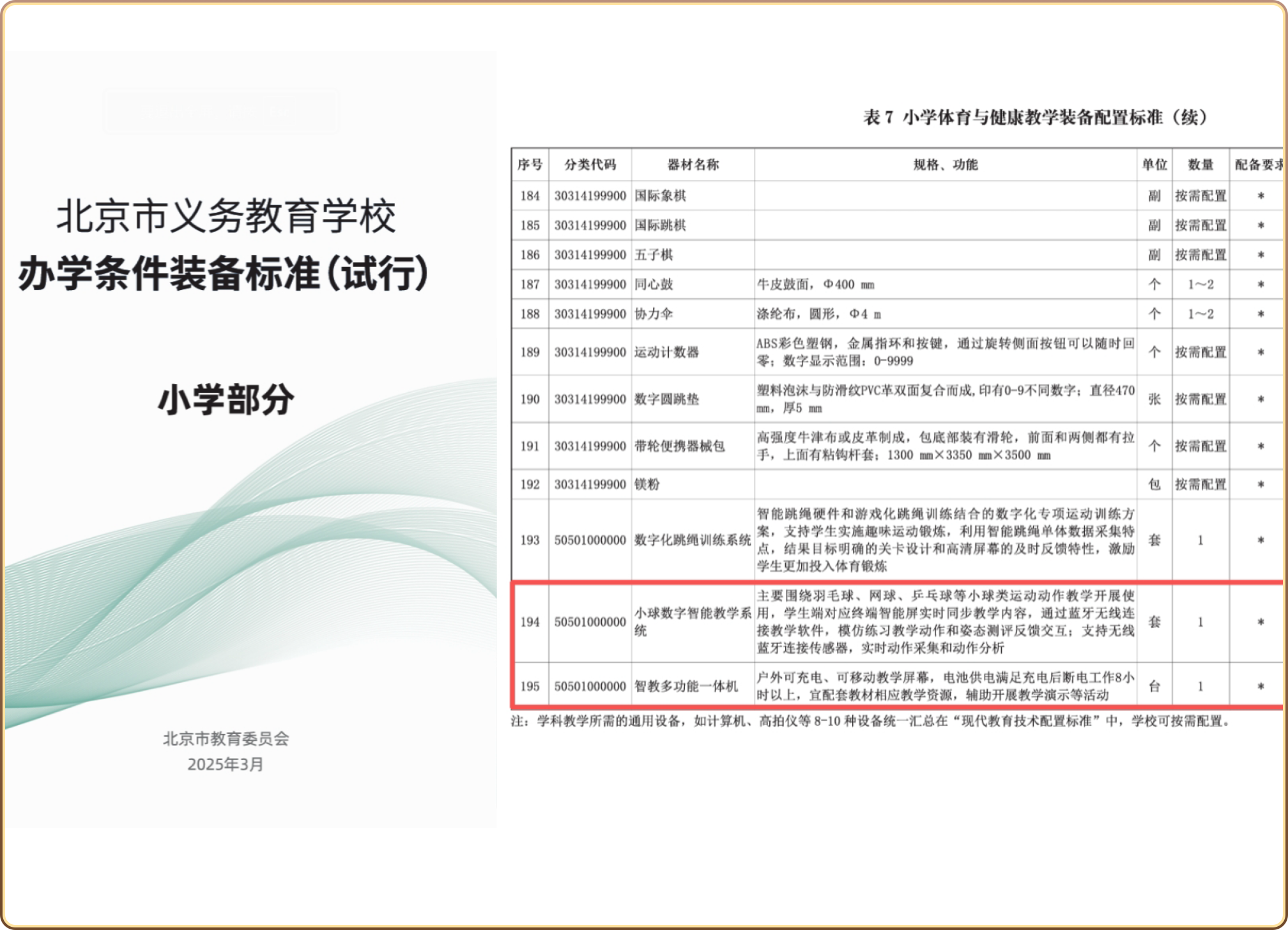 北京市小学体育与健康教学装备配置标准