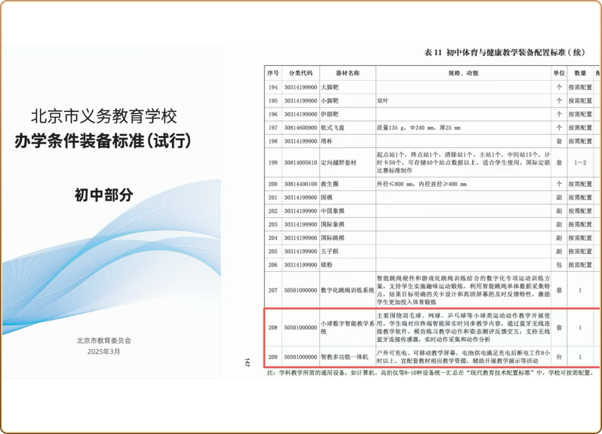 北京市中学体育与健康教学装备配置标准